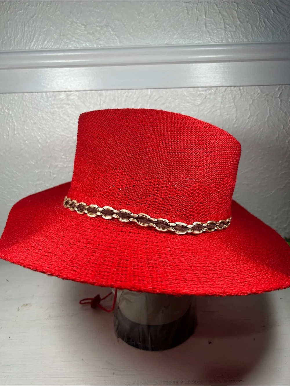 Red Woven Knit Cowboy Hat with Gold Ribbon Accent Chin Strap Summer Western Hat - Picture 5 of 11